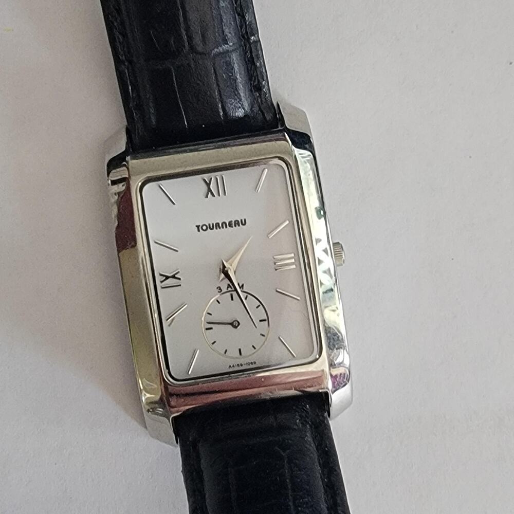 Tourneau Mens Watch White Dial Silver Tone Black Leather Rectangular 3ATM Dress